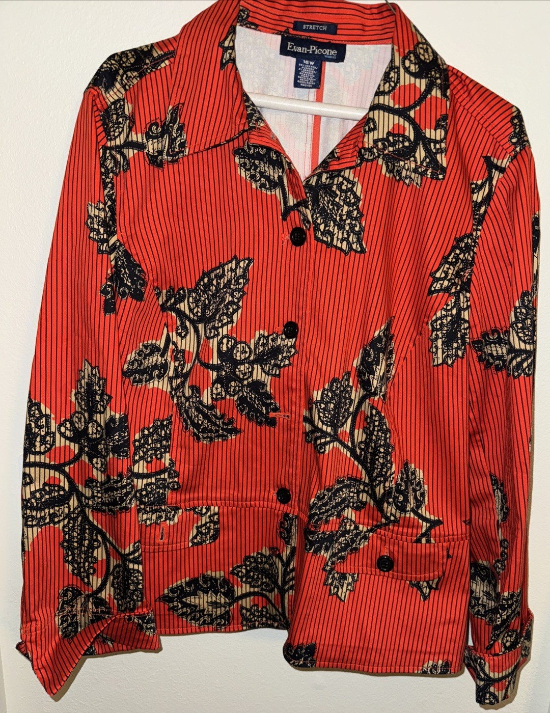 Evan-Picone Woman Stretch Jacket Sz 16 Pockets Floral Orange Black Ruffle