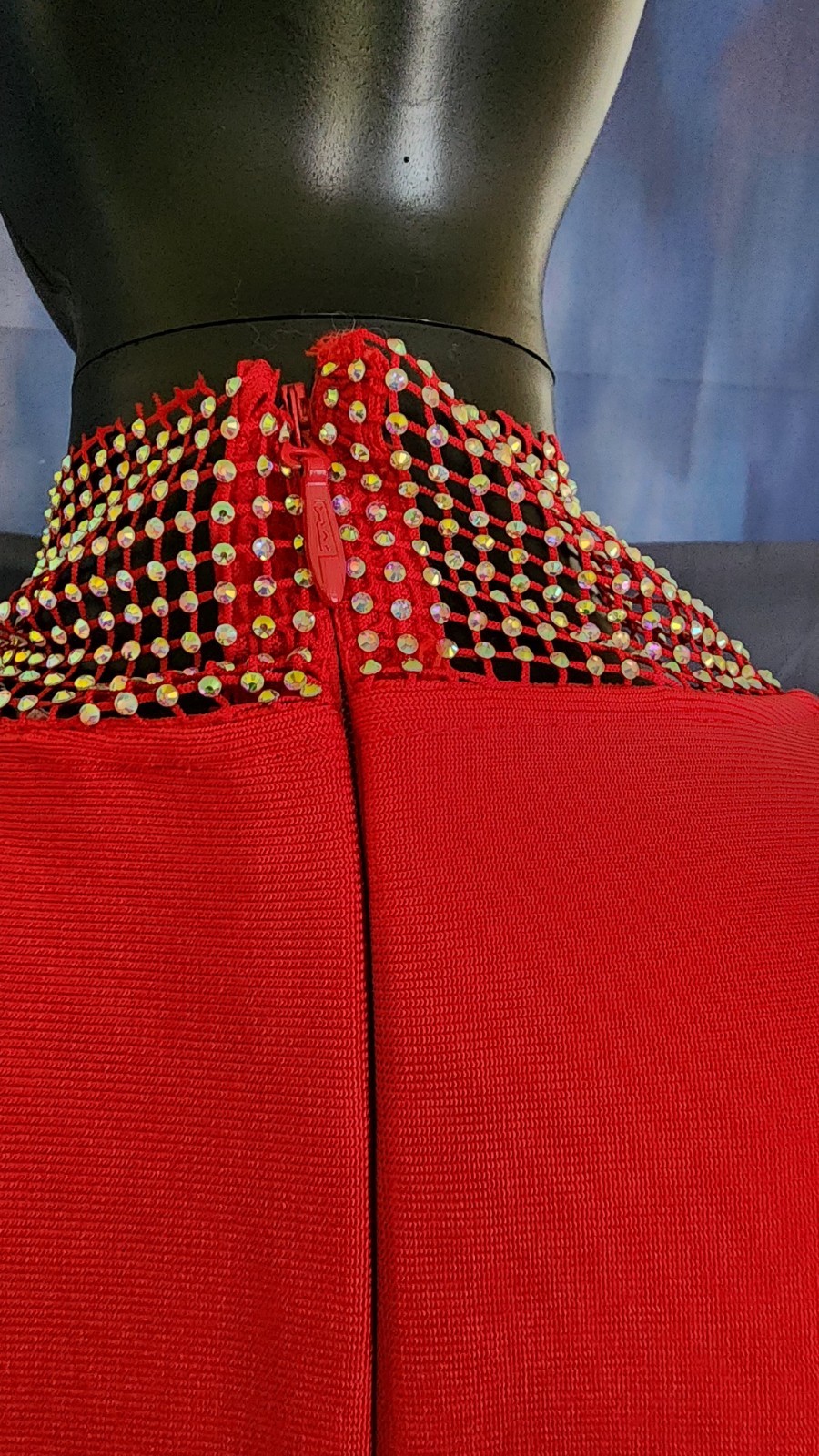 ❤️ Red Rhinestone Mesh Bodycon Cocktail Dress | Long Sleeve Deep V-Neck