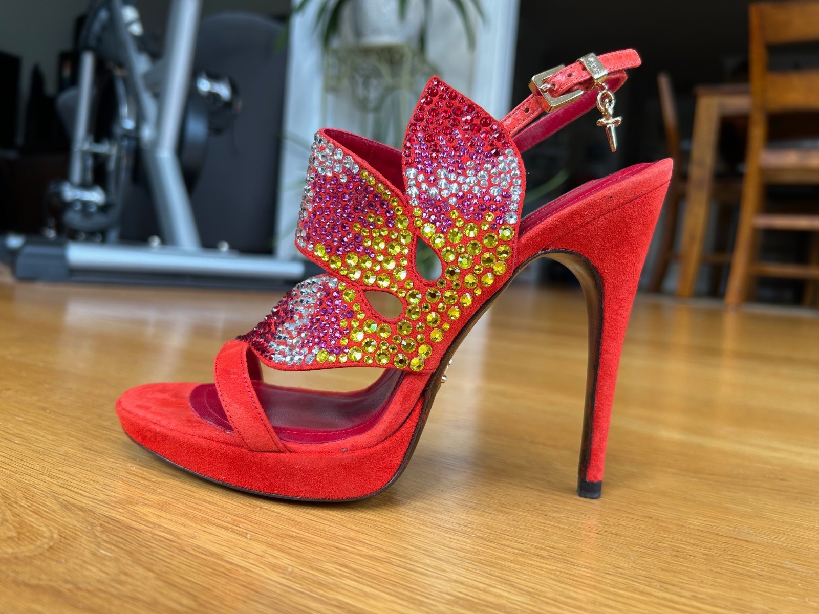 CESARE PACIOTTI Red Suede Multicolor Crystal Sandals Size 6.5 IT 36.5 Good & Box