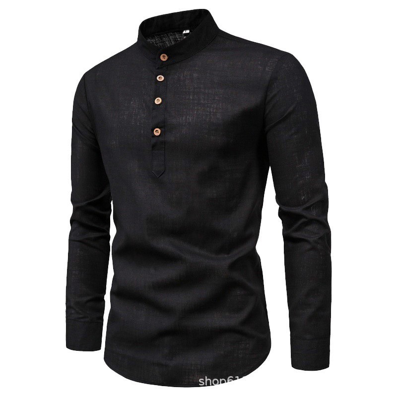 New Men’s Standing Collar Cotton T-Shirts Slim Fit Long Sleeve Casual Shirt Tops