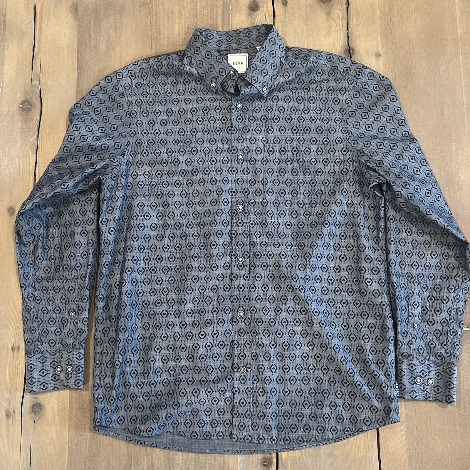 ROWM Shirt Mens Casual Pocket Button Down Blue Patterned Long Sleeve Medium