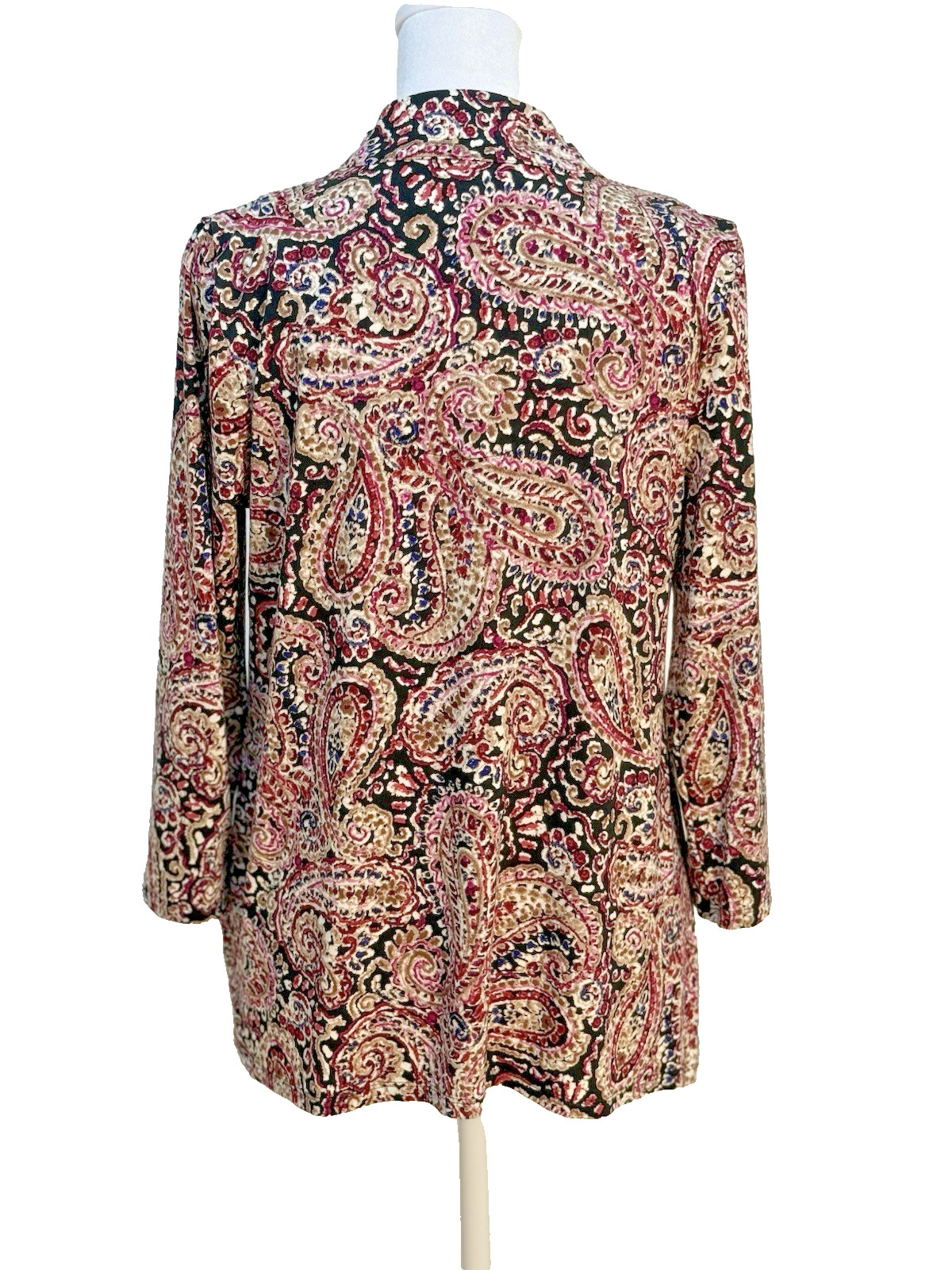 J. Jill Wearever Paisley Top S Black Burgundy Pink V-Neck 3/4 Sleeve Stretch