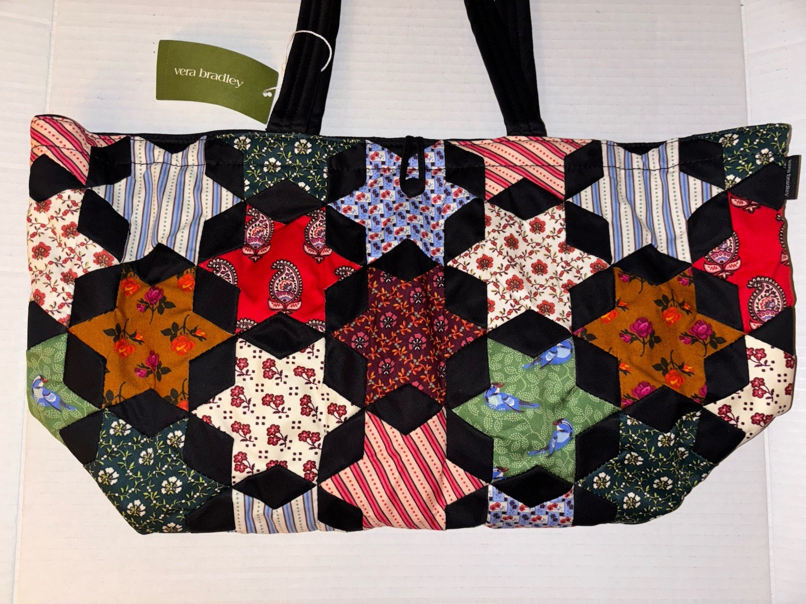 VERA BRADLEY SMALL HATHAWAY TOTE Purse Bag Star Patchwork Mistletoe Birds