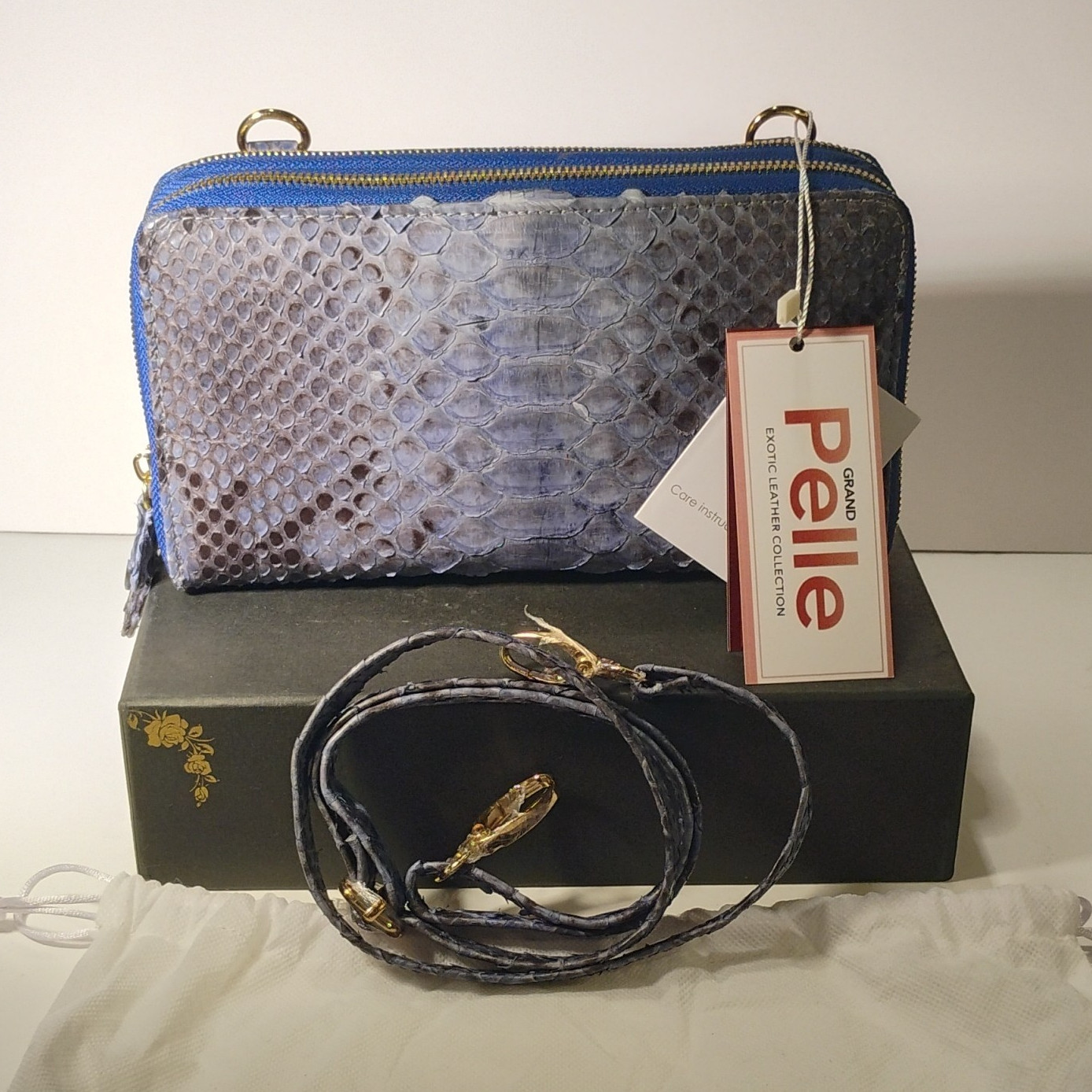 Grand Pelle Navy Python Snakeskin Crossbody Bag, Detachable Strap, Zip, Pockets