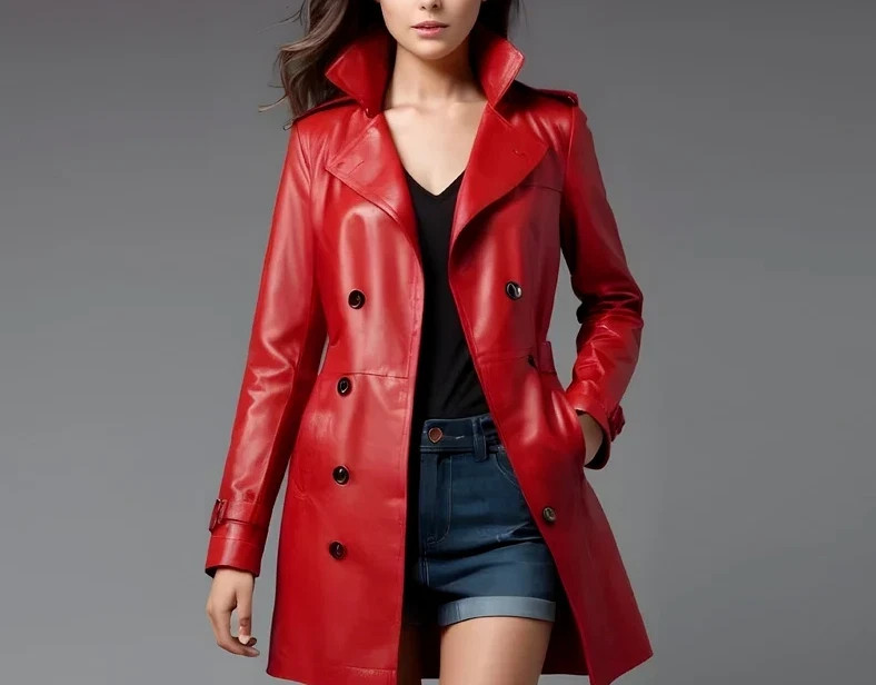 Women’s Red Leather Trench Coat Real Lambskin Long Belted Jacket Overcoat XS–3XL