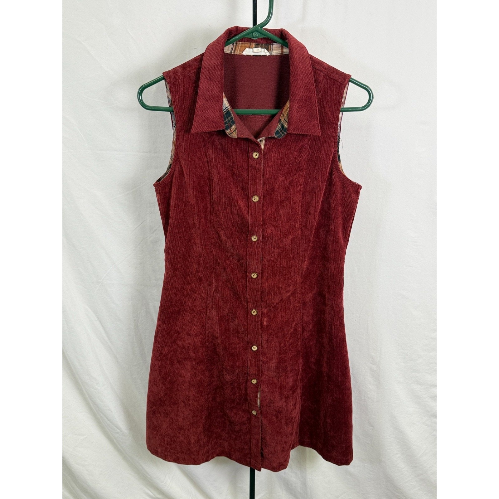 Hem & Thread Corduroy Button Front Vest Dress Wine Red Fall Cottagecore S