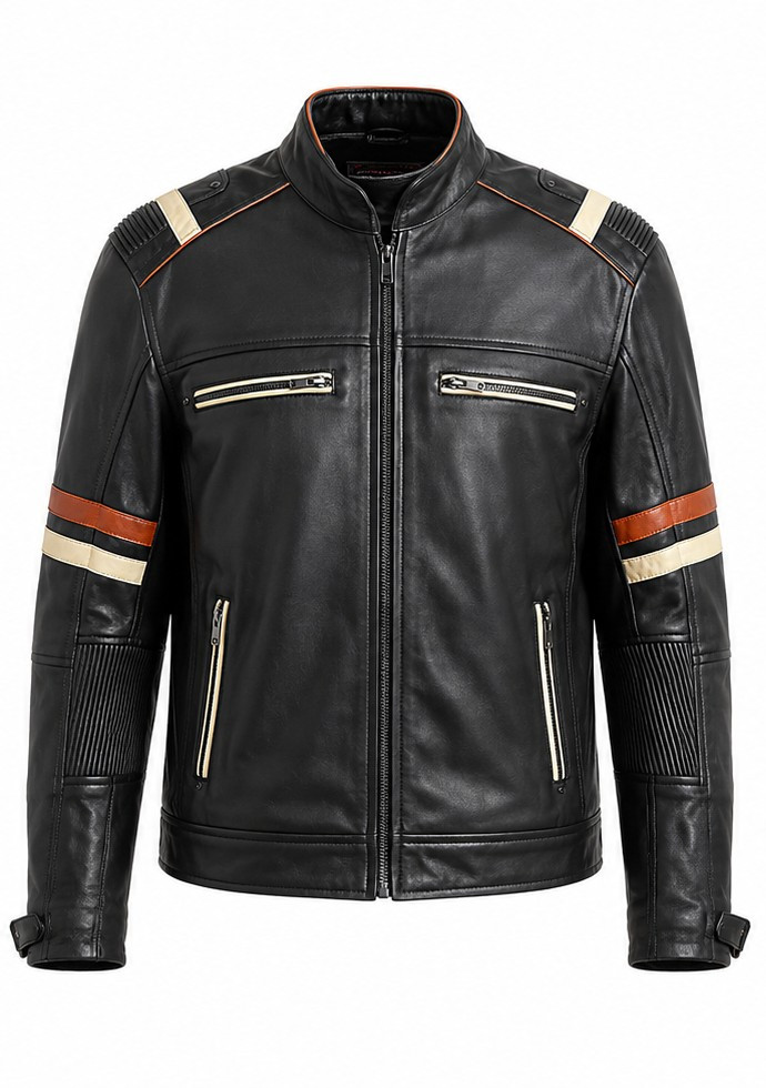 Men’s Black Genuine Leather Cafe Racer Motorcycle Jacket Vintage Biker Coat
