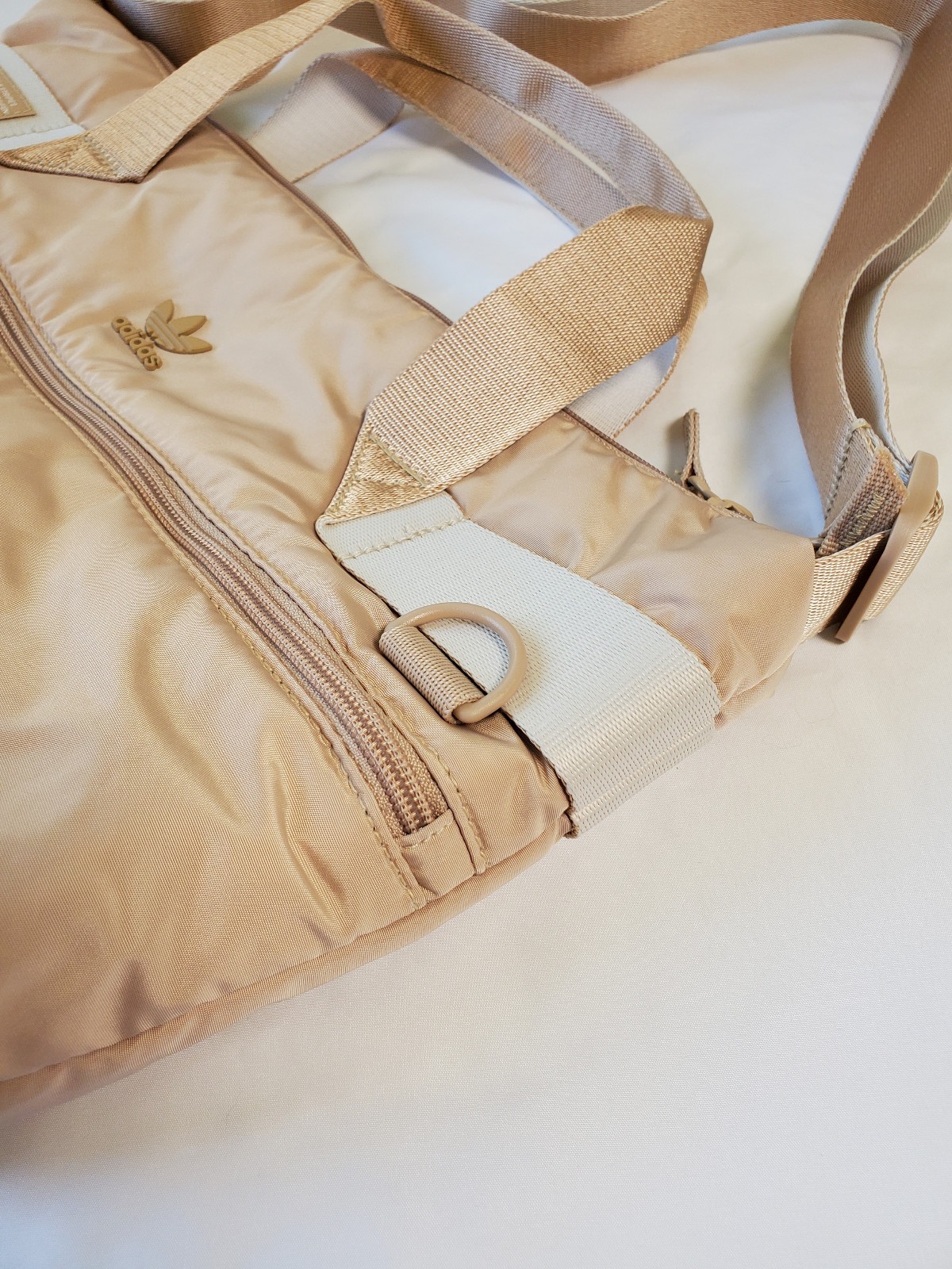 Adidas Stylish Sport Shopper Tote Puffer Travel Gym Bag Tan Beige Zip Top Purse