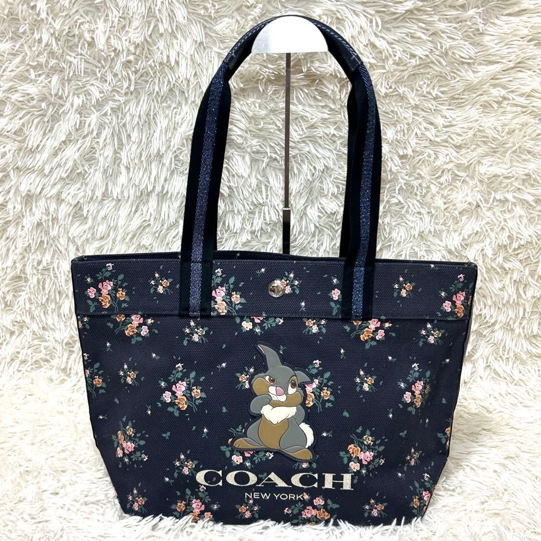 COACH Disney 91116 Tote Bag Navy Canvas with Multi Floral Print Large Capacity