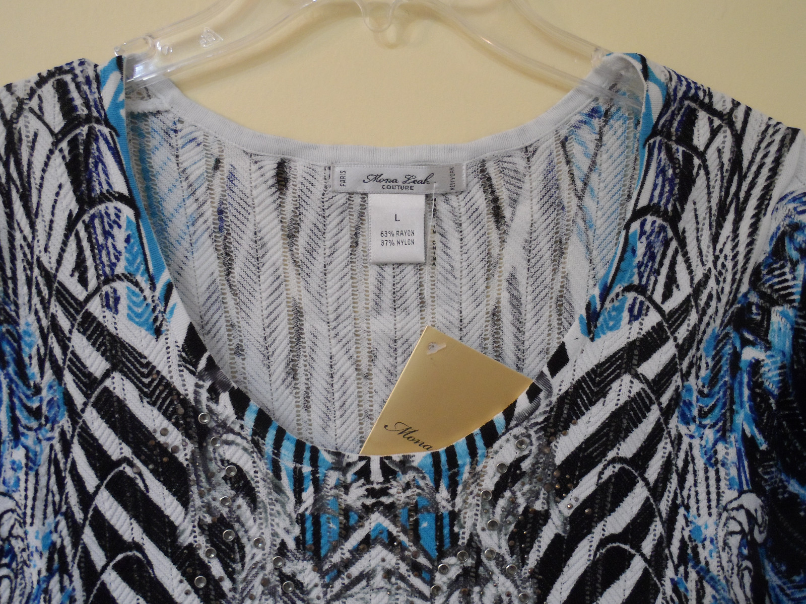 Mona Leah Paris N.Y. Couture Women L Stretch Rhinestone Multi Blue BlouseTop NWT