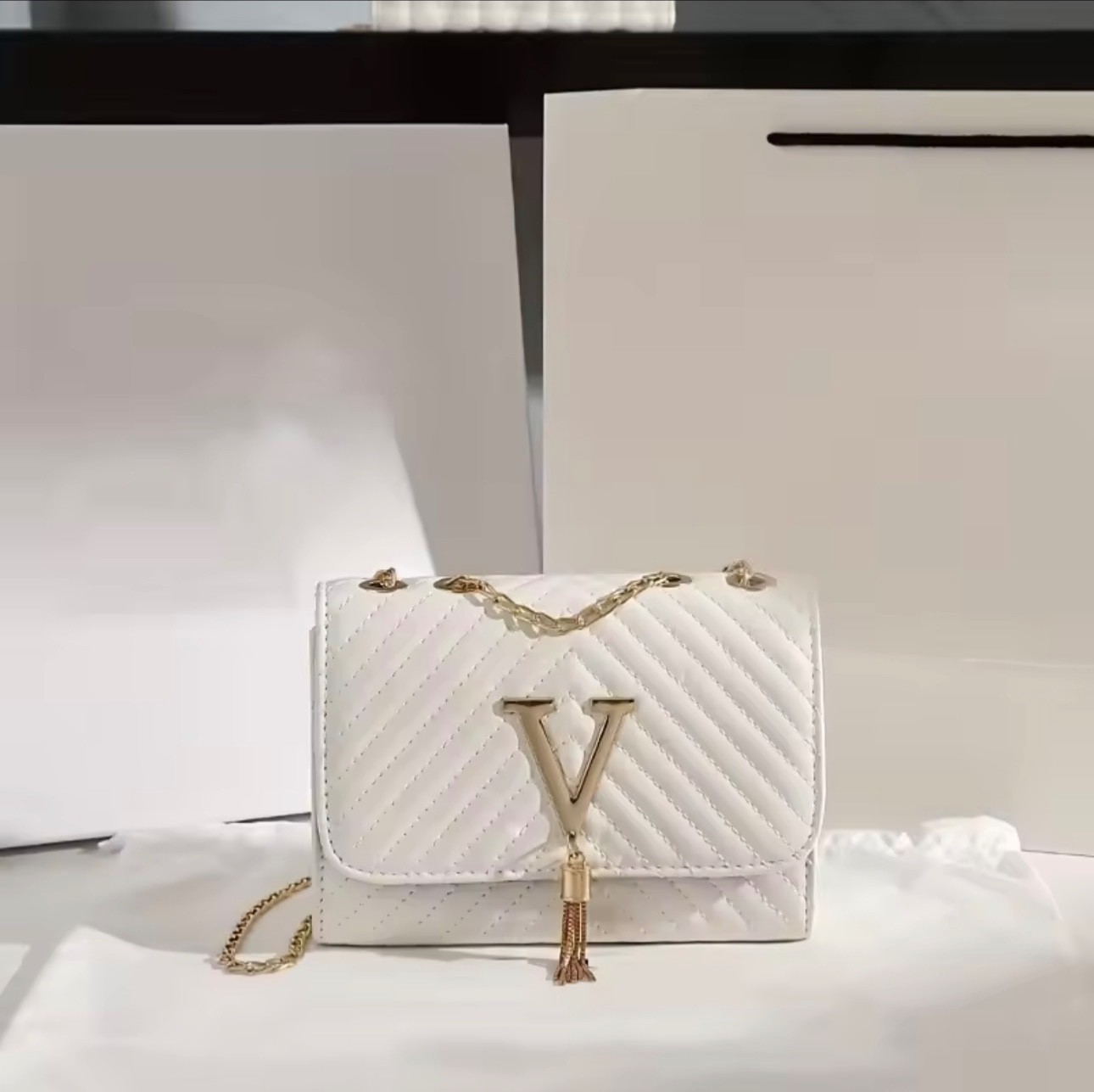 Women Chevron Quilted Chain Crossbody Bag V Logo Tassel Shoulder Flap Handbag