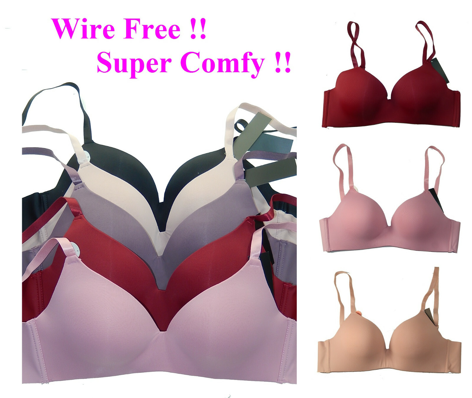 COMFY MICROFIBER PADDED NO WIRE WIRELESS T SHIRT BODY BRA LAZER CUT PANEL 3 HOOK