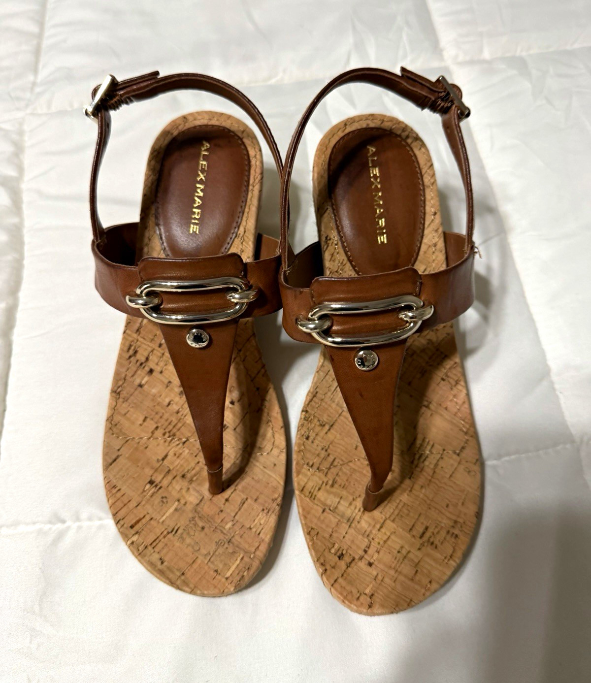 Alex Marie Women’s Brown Leather Thong Wedge Sandals Cork Insole US 6 M