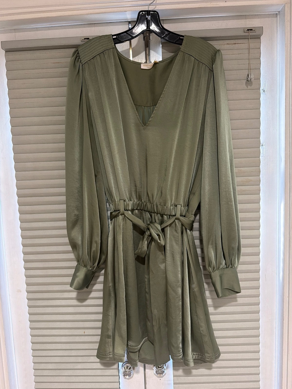 Ramy Brook Olive Green Satin Long Sleeve Dress with Tie Waist, Size XL
