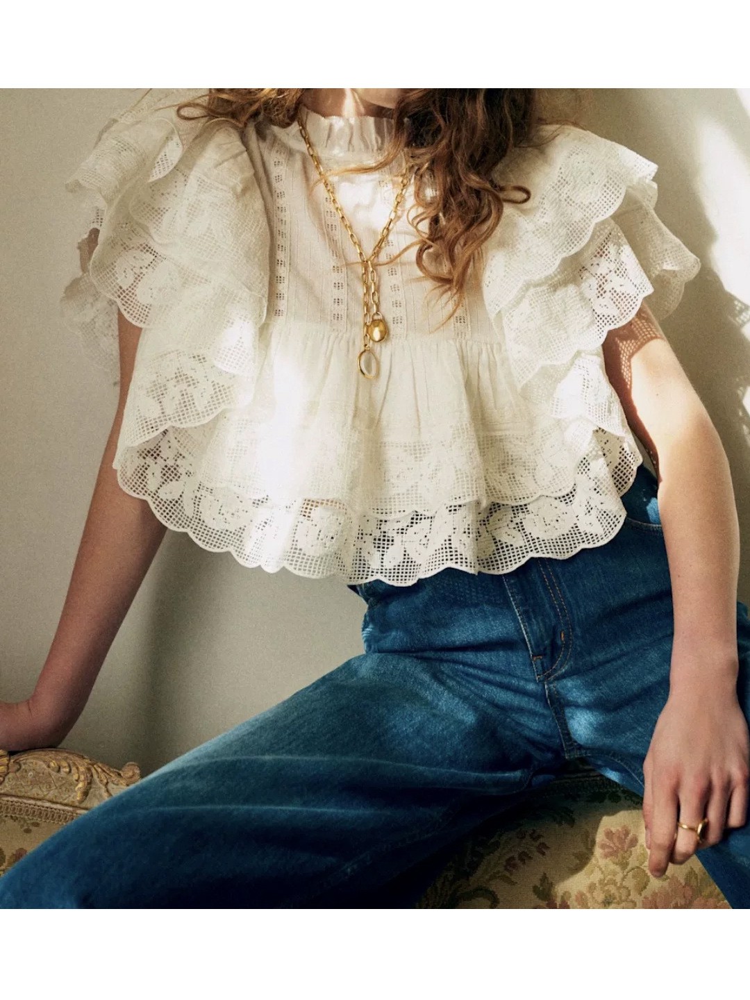 Sezane Lace Ruffled Short Blouse Womens Layered Top Spring 2026