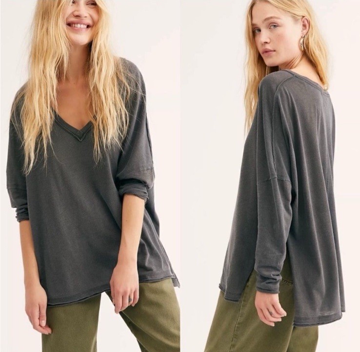 NEW Free People Women’s On My Mind V-Neck Long Sleeve Shirt Dark Gray Size XS