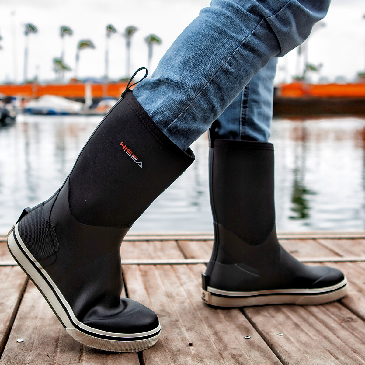 HISEA Men Mid-Calf Fishing Deck Boots Waterproof Non-Slip Gardening Rain Boots
