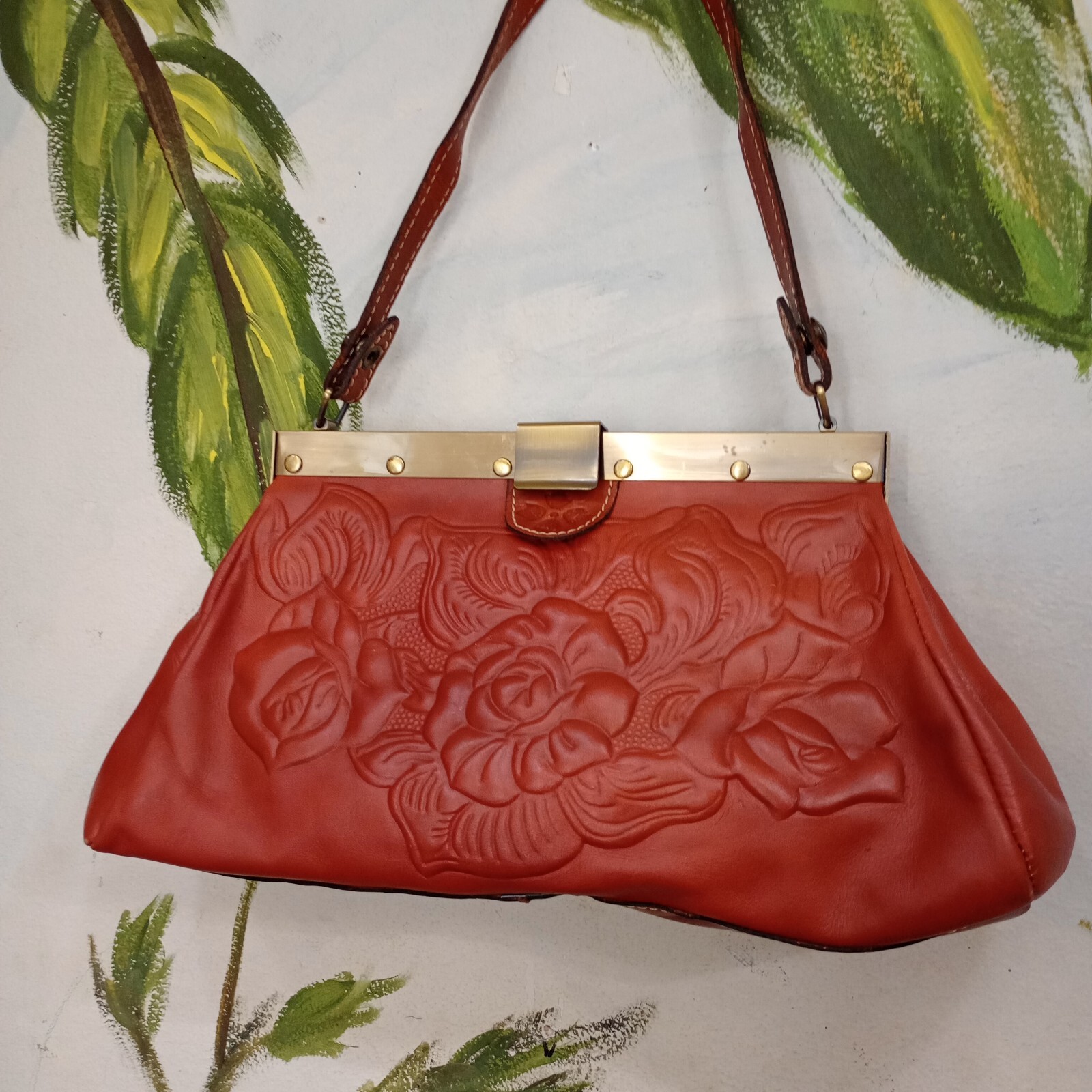Patricia Nash Floral Embossed Cognac Leather bag Medium Brass Bottom Studs EUC