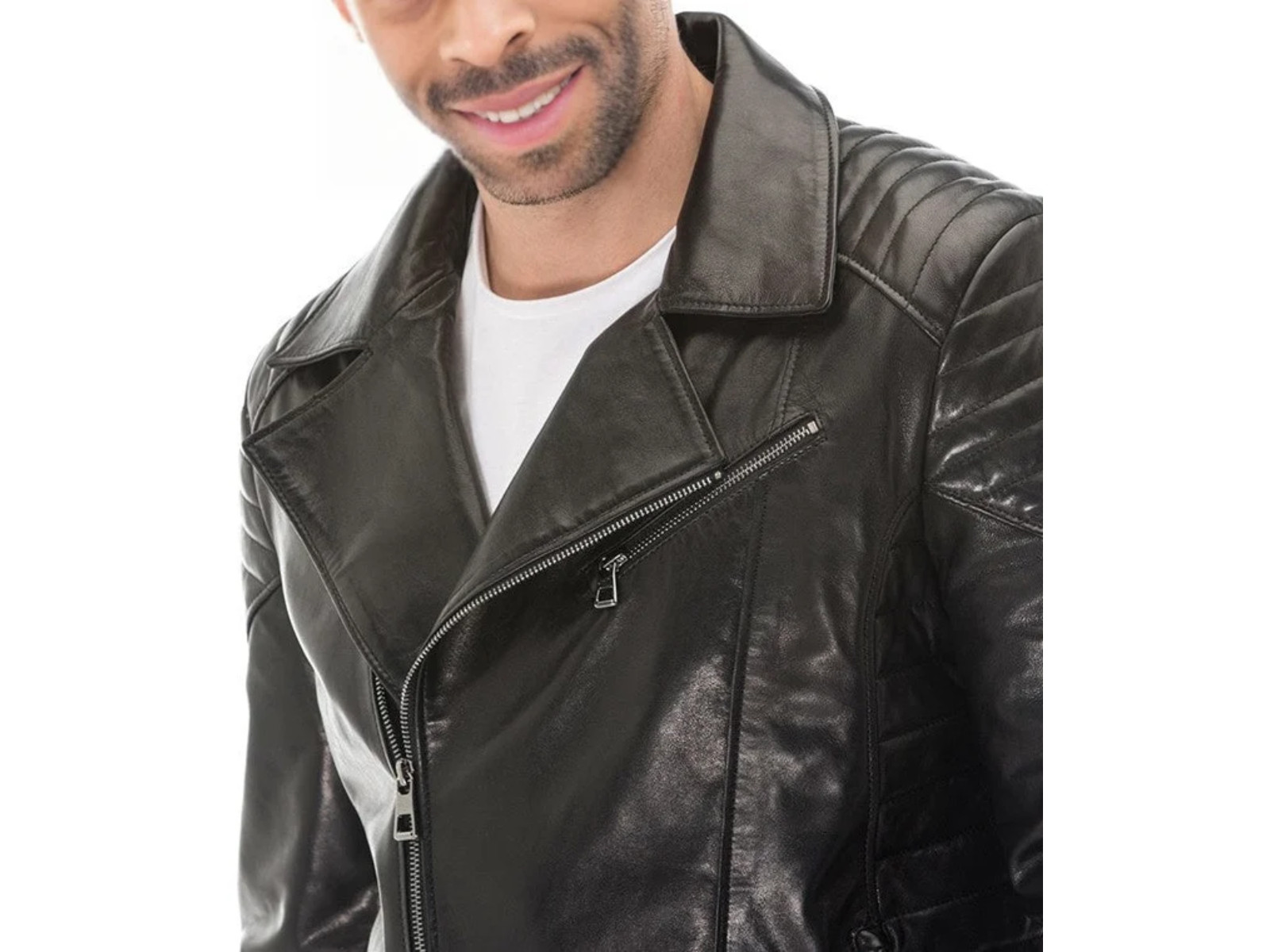 Men’s Black Sheepskin Leather Biker Jacket Moto Cafe Racer Motorcycle Coat