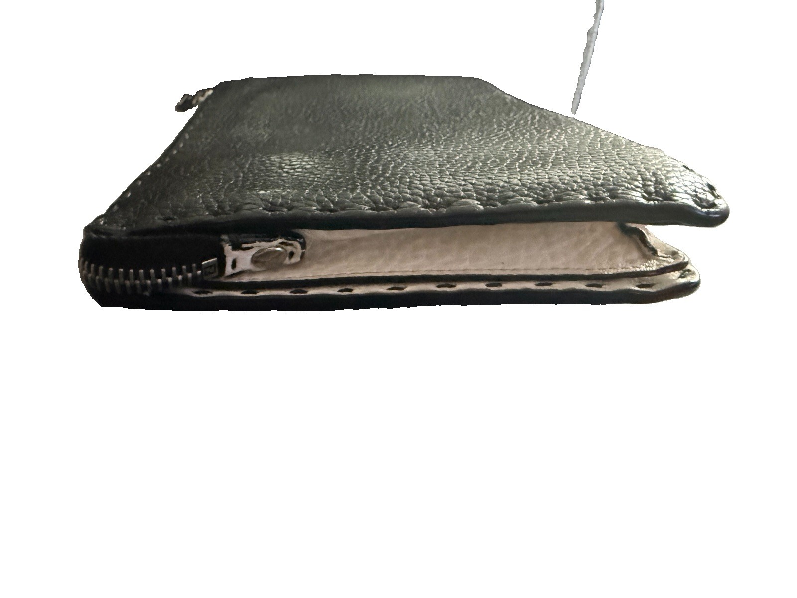 Authentic Fendi Selleria Leather Zip Pouch Clutch Black Green Wristlet Italy