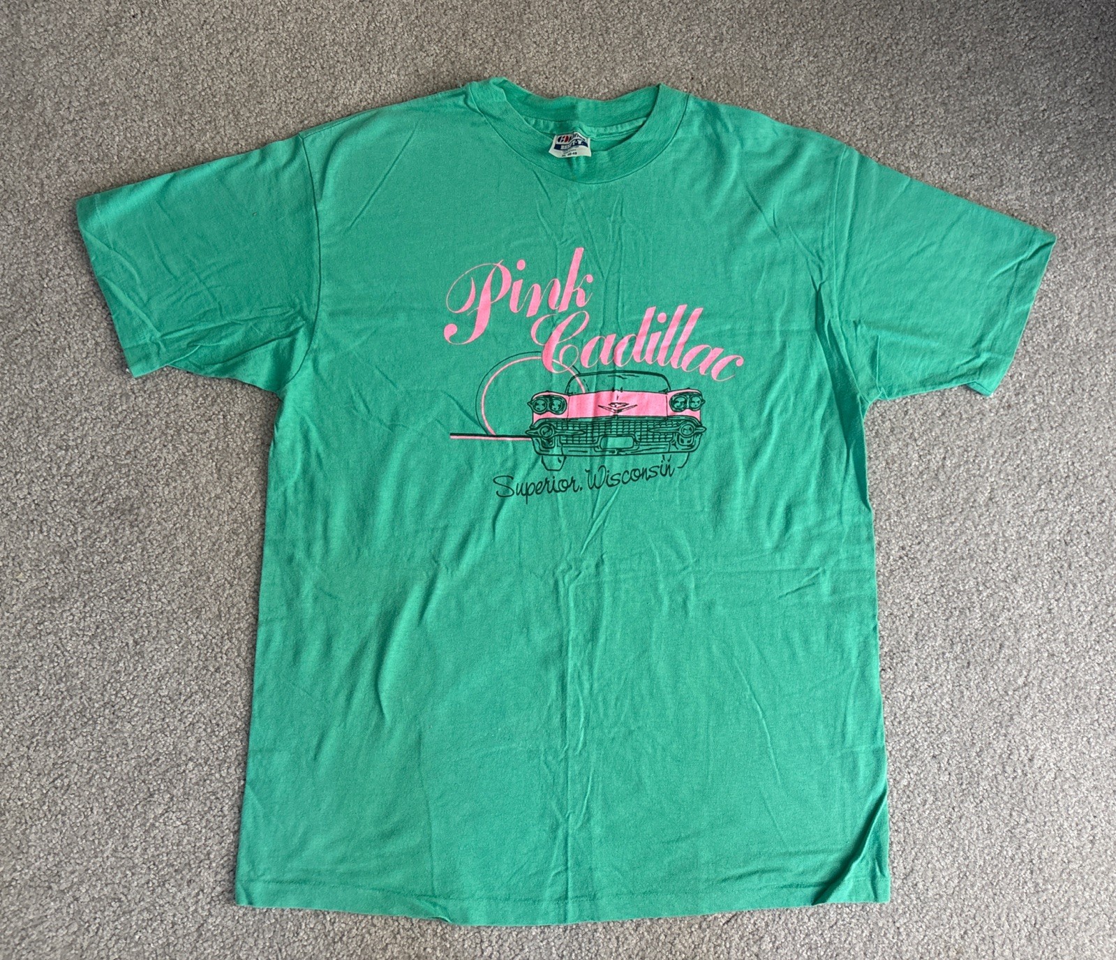 Vtg Pink Cadillac, Superior, WI T-Shirt Adult XL Lt Green 80s/90s Made In USA