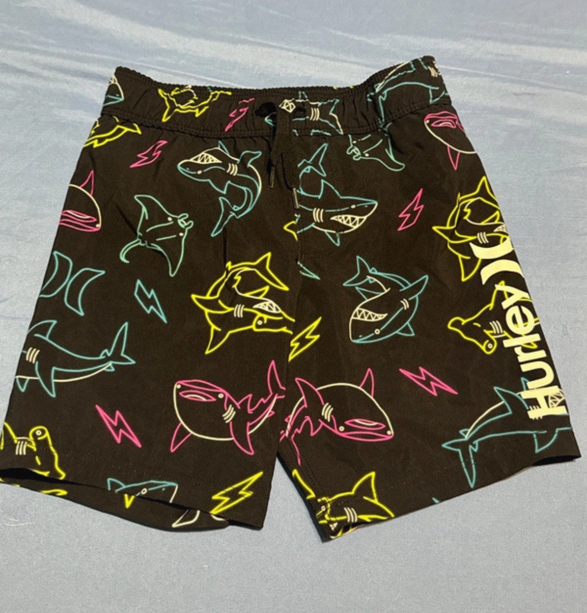 Hurley All over Neon Sharks/ Logo Black swim trunks/ board shorts boys size 4.