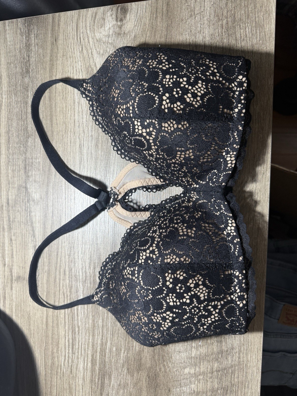 Aerie Black Floral Lace Underwire Push Up Bra Padded Adjustable 34D Hook & Eye