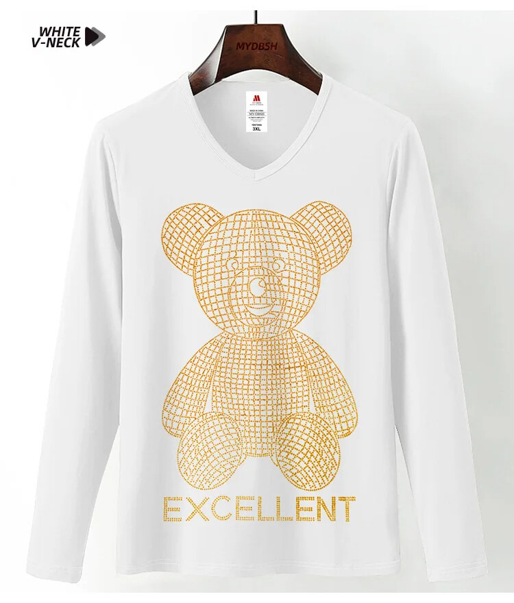 Fashion Trend Bear Rhinestones Streetwear Long Sleeve Luxury Men V-Neck T-Shirt