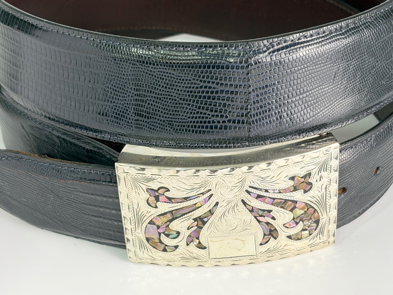 Plata De Jalisco Sterling Silver MOP .925 Belt Buckle Genuine Lizard 38 Maida’s