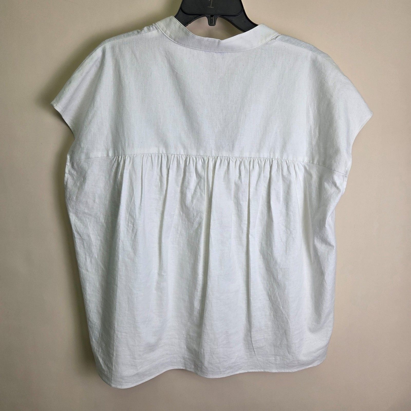 Vince White Linen Blend Popover Blouse Cap Sleeve Split Neck Top Large