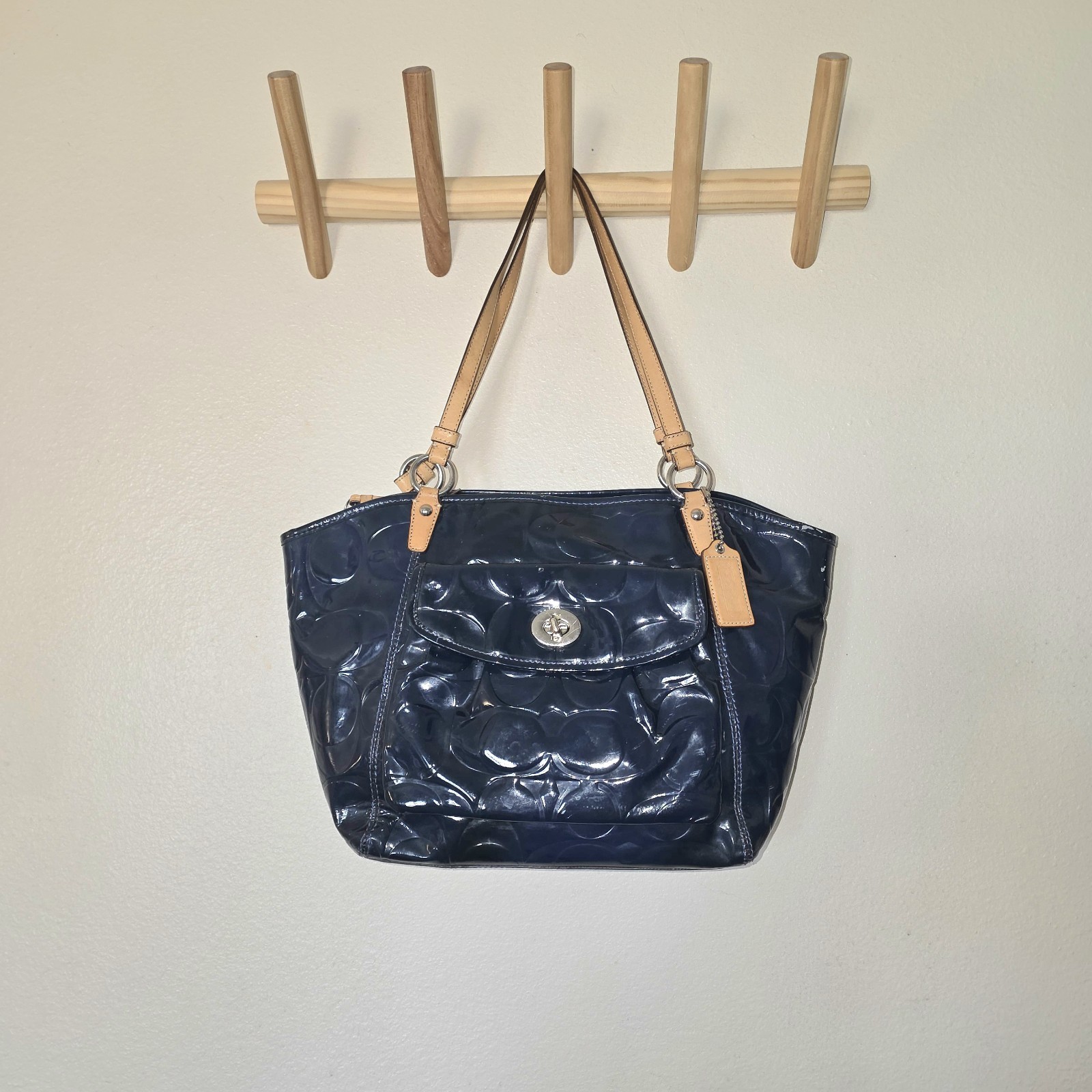 Coach Leah Navy Blue Patent Leather Tote Bag F14663 Embossed Logo Turnlock Large