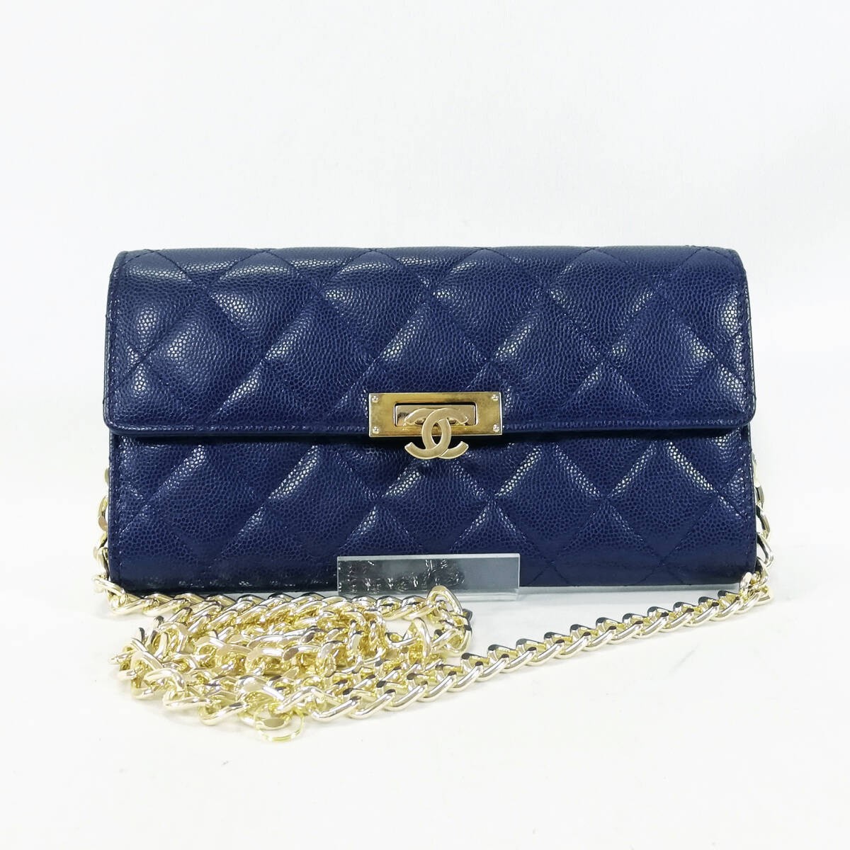 CHANEL Caviar Matelasse Long Wallet Blue Gold Chain Strap Coco Lock 7.48×4.13in