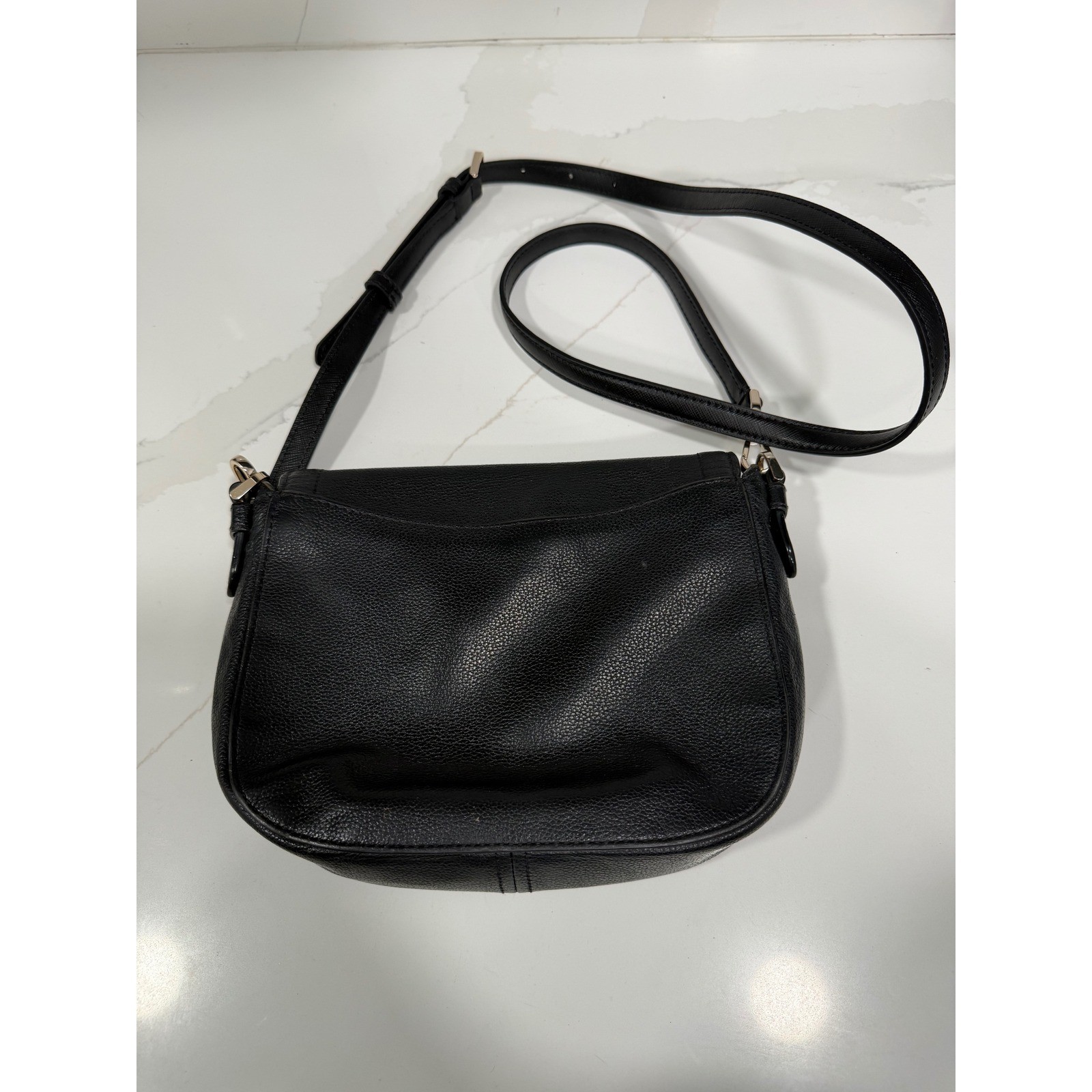 Kate Spade New York Black Pebbled Leather Crossbody Saddle Bag Gold Logo