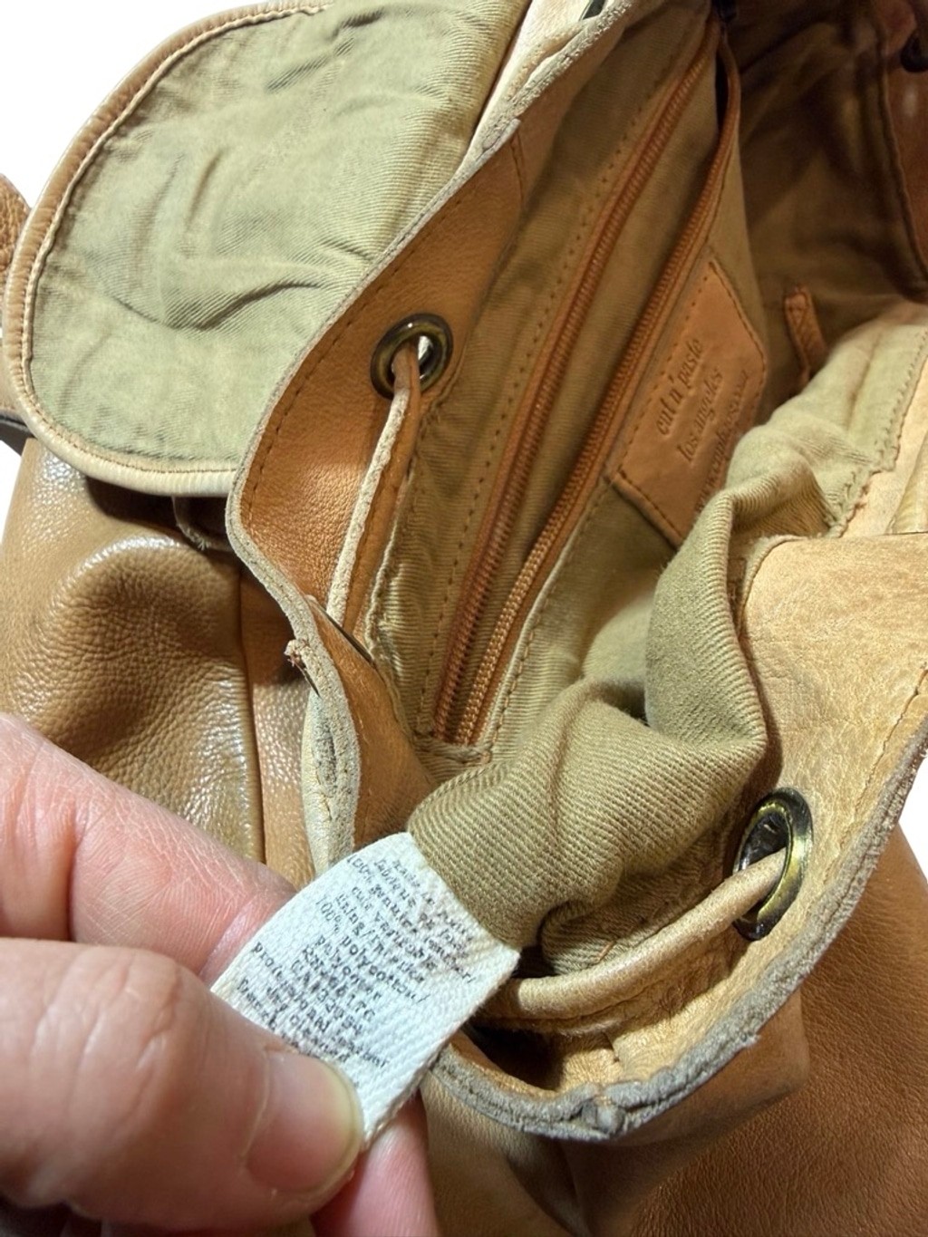 Cut N Paste Leather Backpack Tan Cargo Pocket Slouchy Distressed Boho flaw