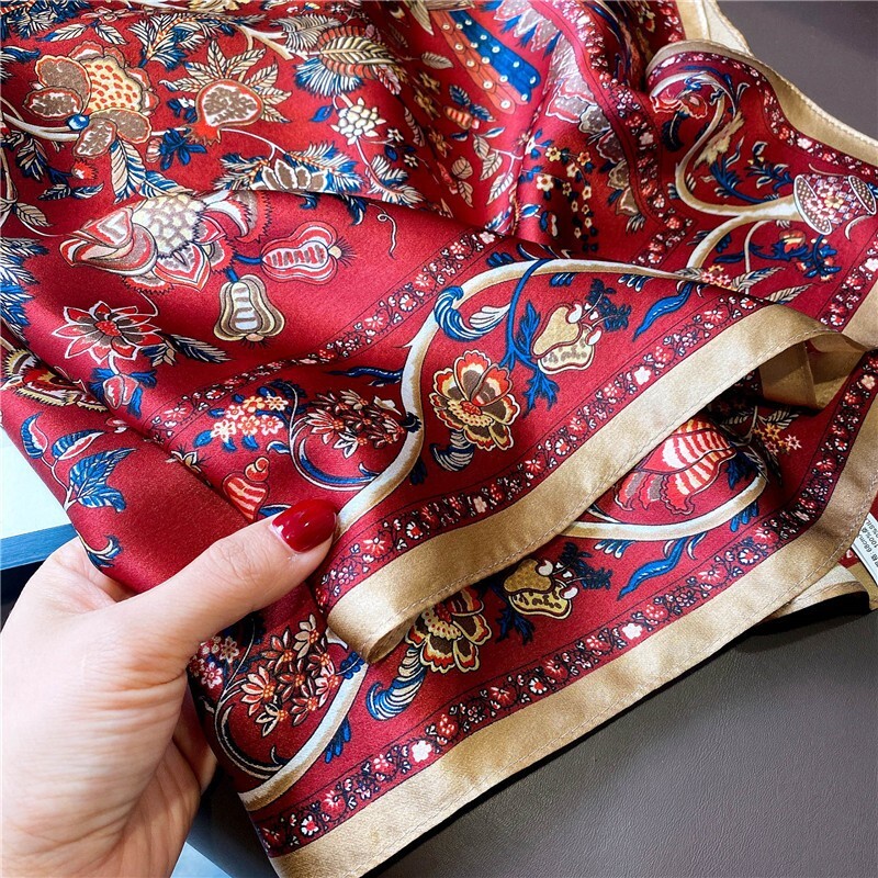 100% Mulberry Silk 27″ Square Scarf Women Neckerchief Wrap Vintage Red Flower