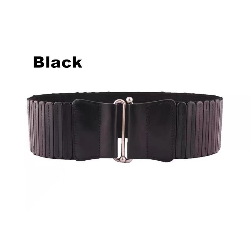 Women’s Real Leather Waist Belt Silver Hook Buckle Elastic Wide Waistband