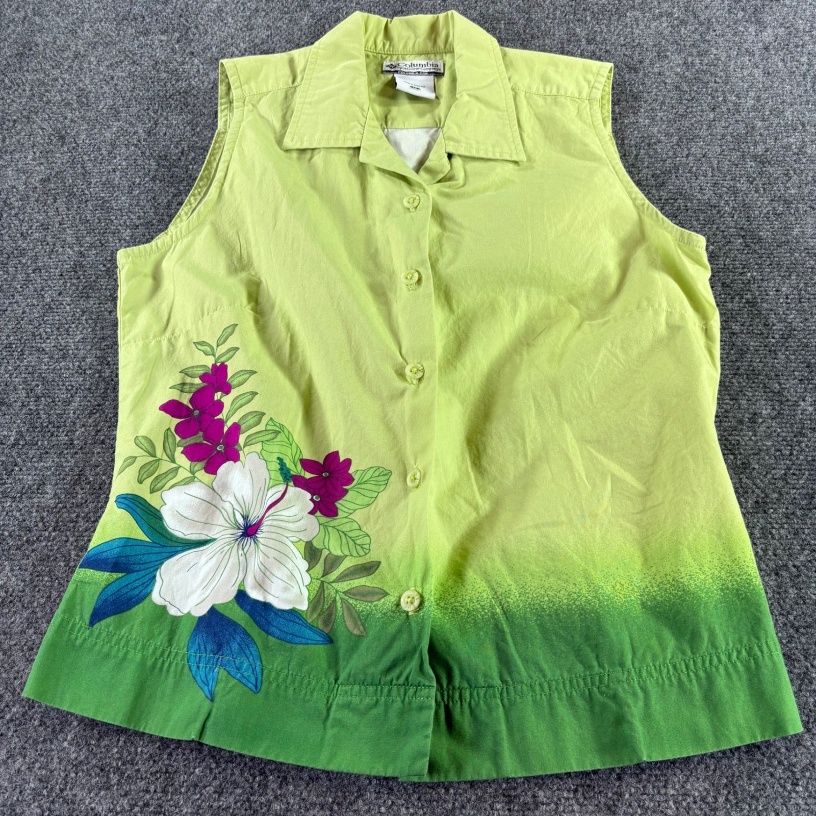 Columbia Sleeveless Shirt Womens Medium Green Ombre Floral Hibiscus Cotton Top