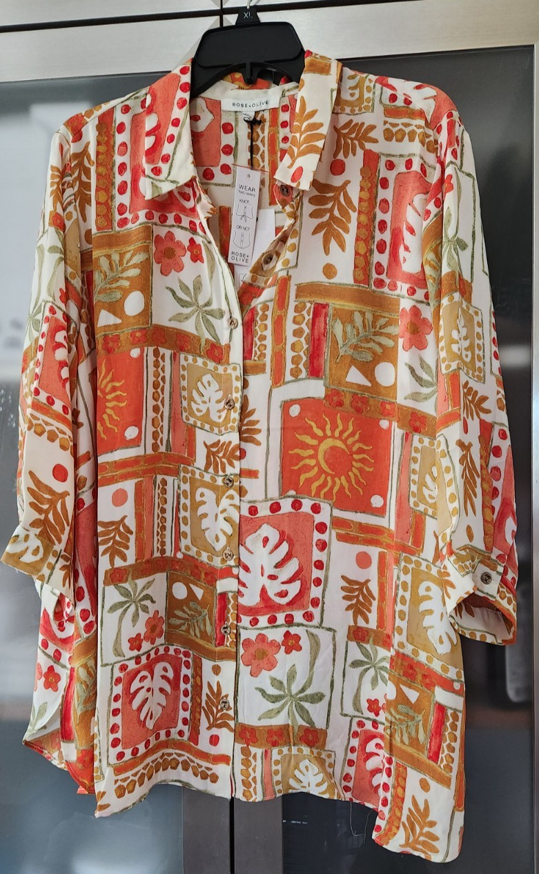 NWT Rose & Olive Plus 1X Multicolor  3/4 sleeve Button Down Blouse 28” Long
