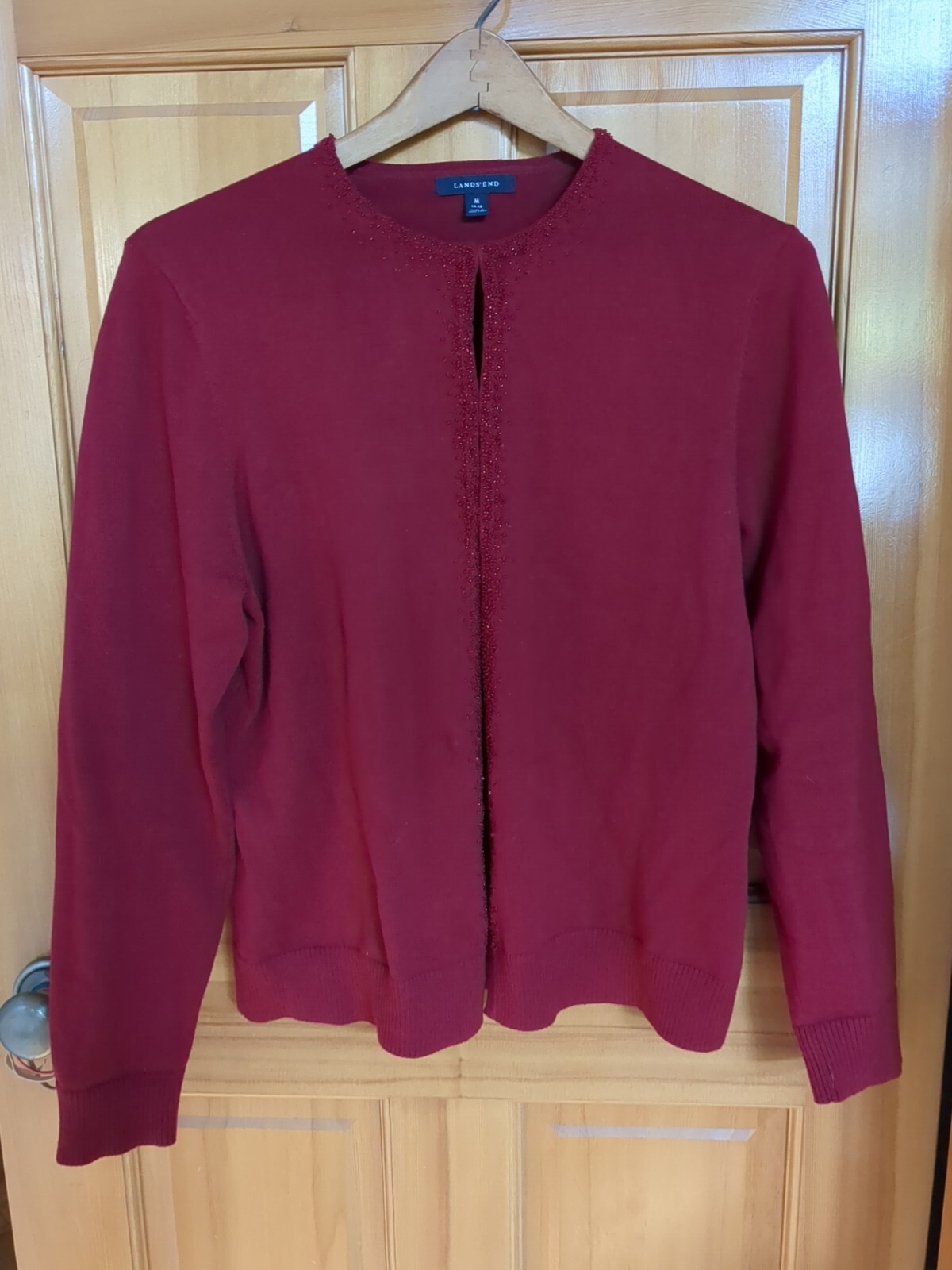 Lands End Holiday Evening Beaded Cotton Cardigan Sweater Open Front M 8-10 Red