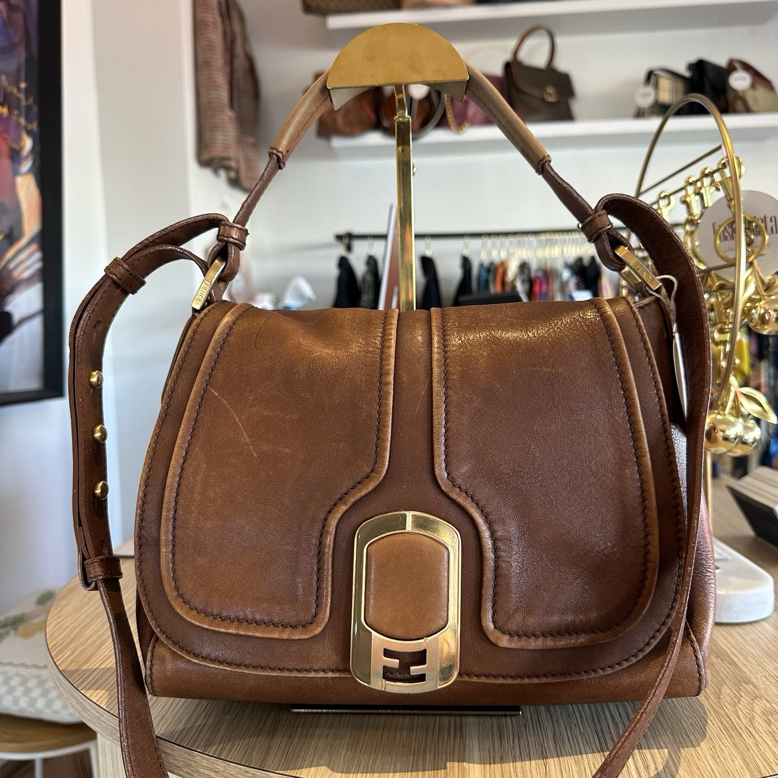 Fendi FF Vintage Brown Tan Leather Medium Anna Shoulder Bag