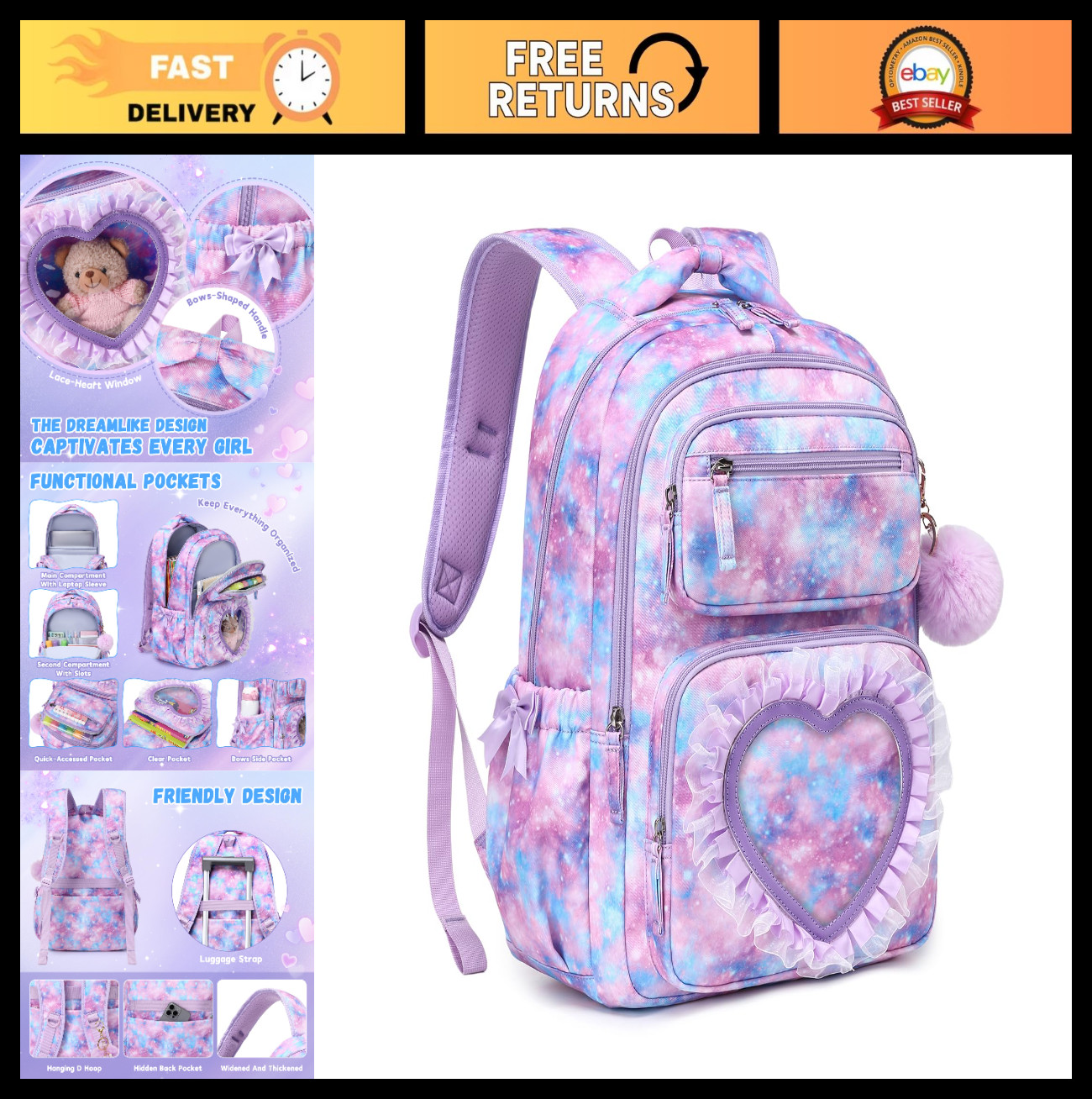 Cute Girls Backpack 17″ Lightweight Bookbag for Ages 6-12, Heart Pocket & Bowkno