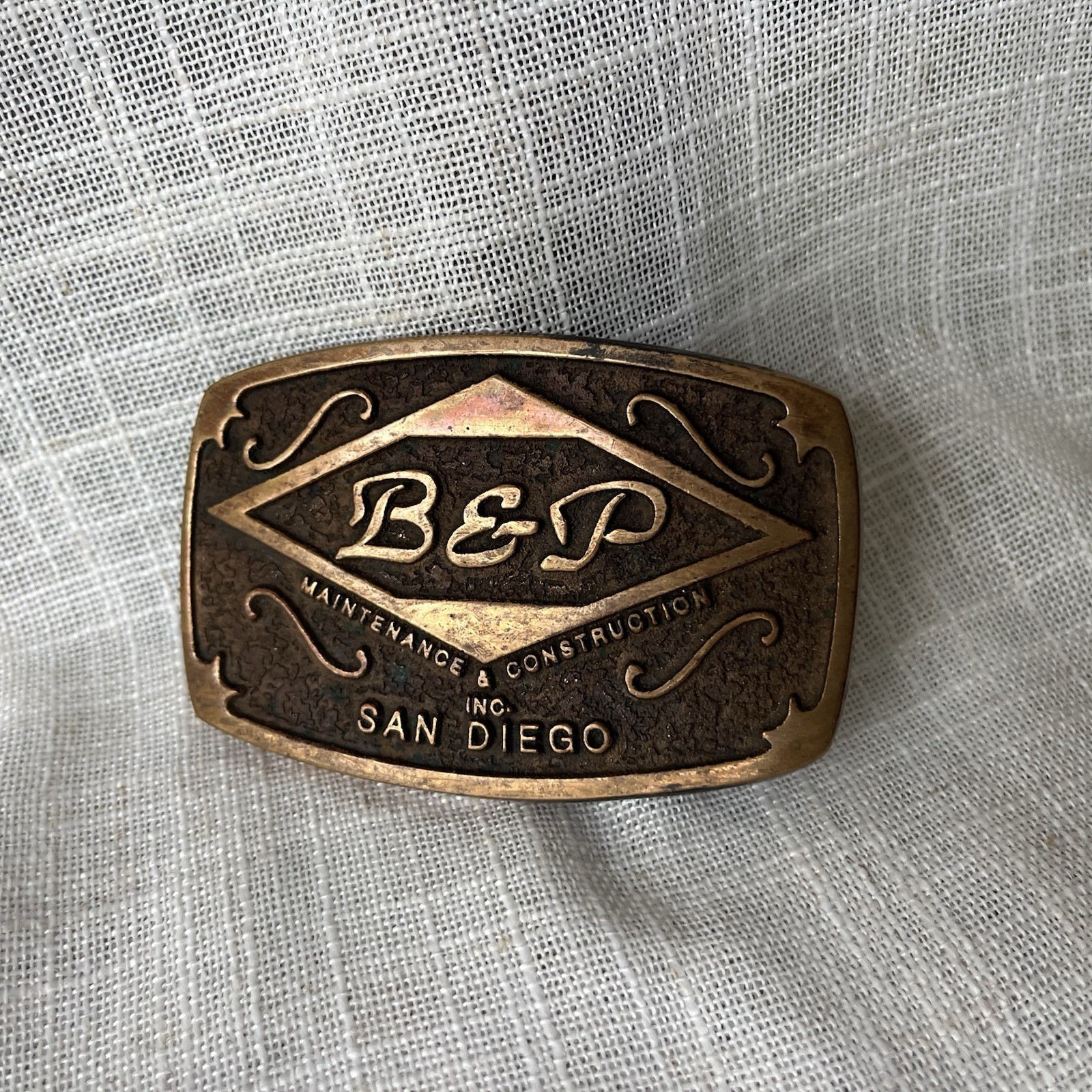 1980s Solid Bronze Belt Buckle – B&P Construction, San Diego California