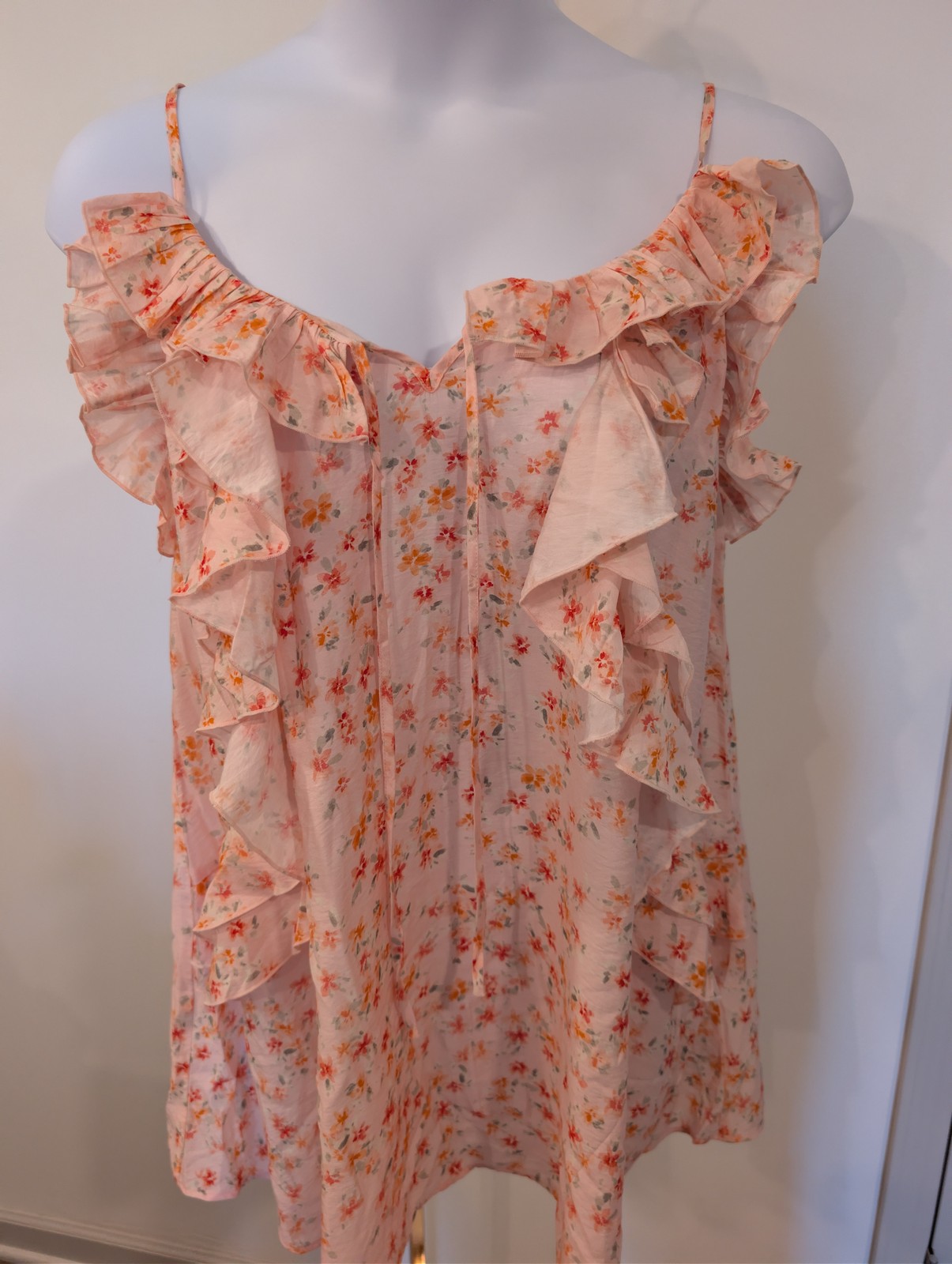 1154 – H & M Floral Ruffle Cami Top Pink Sheer Boho – NWT – Size Large