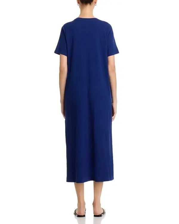 148$ Eileen Fisher Crew Neck Casual Midi Dress Short Sleeves Size XS Deep Blue