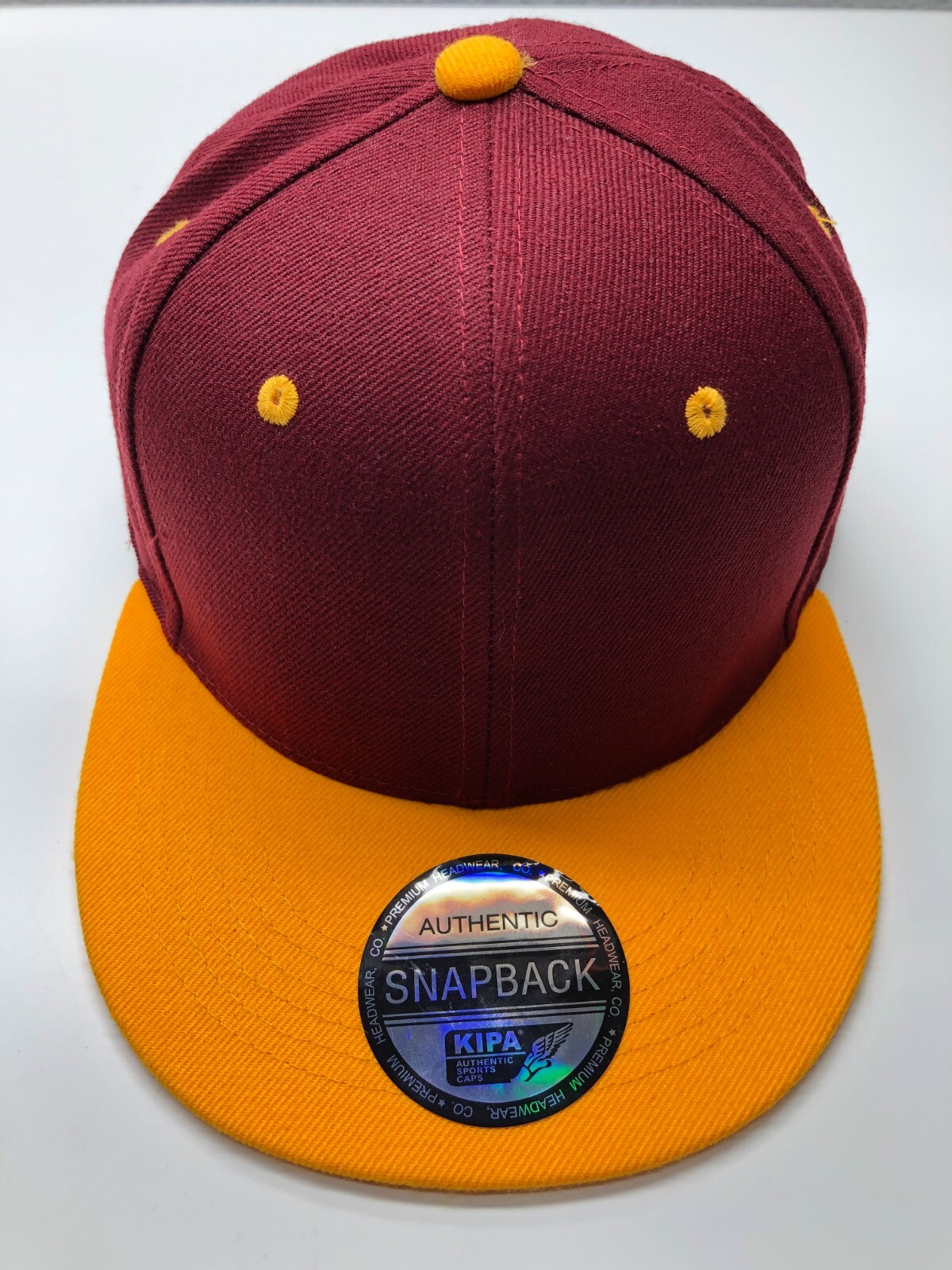 KIPA Premium Headwear Burgundy Plain Yellow Mens OSFM Snapback Flat Brim