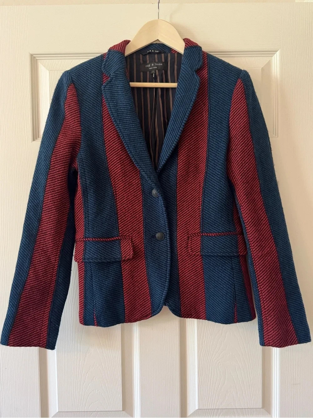Rag & Bone Bailey Red & Blue Stripe Wool Blazer Sz 8