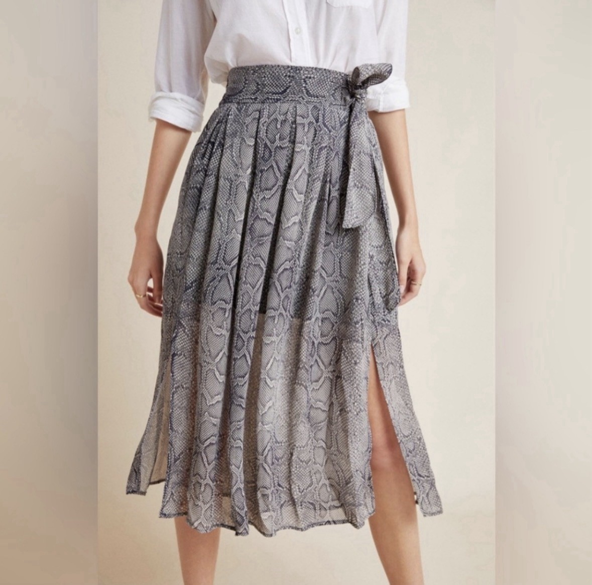 Maeve by Anthropologie Annette Snake Pleated Tie Slit Midi Navy Skirt Women’s 6