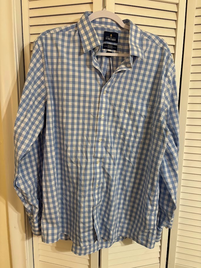 Stafford Smart Tech Dress Blue Gingham Shirt XL 17-17.5 36-37