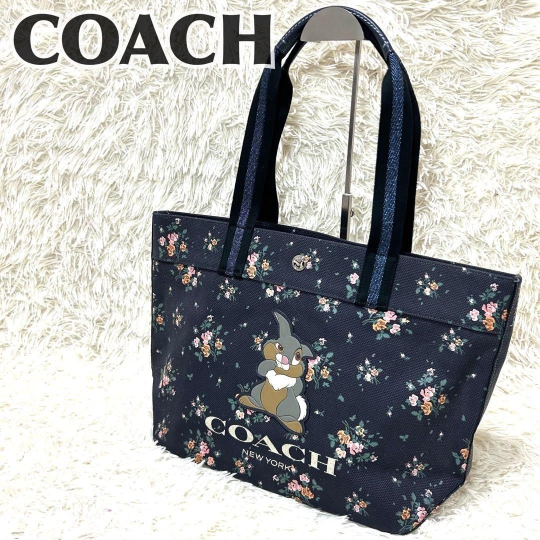 COACH Disney 91116 Tote Bag Navy Canvas with Multi Floral Print Large Capacity