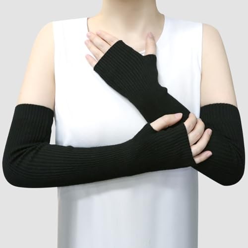 Winter Fingerless Long Gloves for Women Cashmere Blended 50cm/19.7in Black